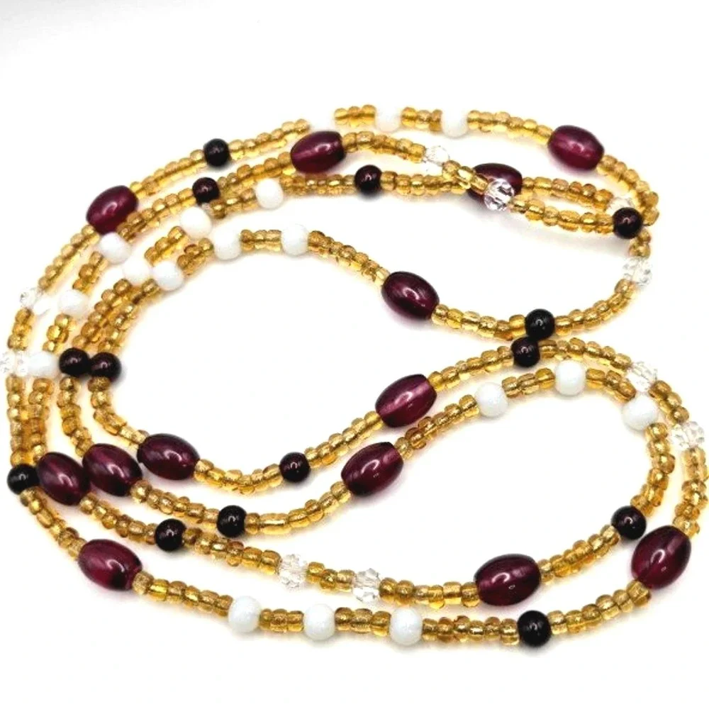 Long Handmade Glass Beaded‎ Necklace Red Black White Amber Colored Glass Beads